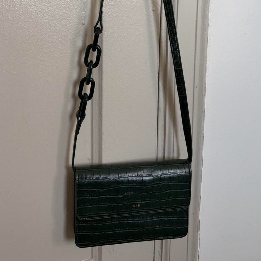 JW PEI Dark Green Croc-Embossed Crossbody Bag